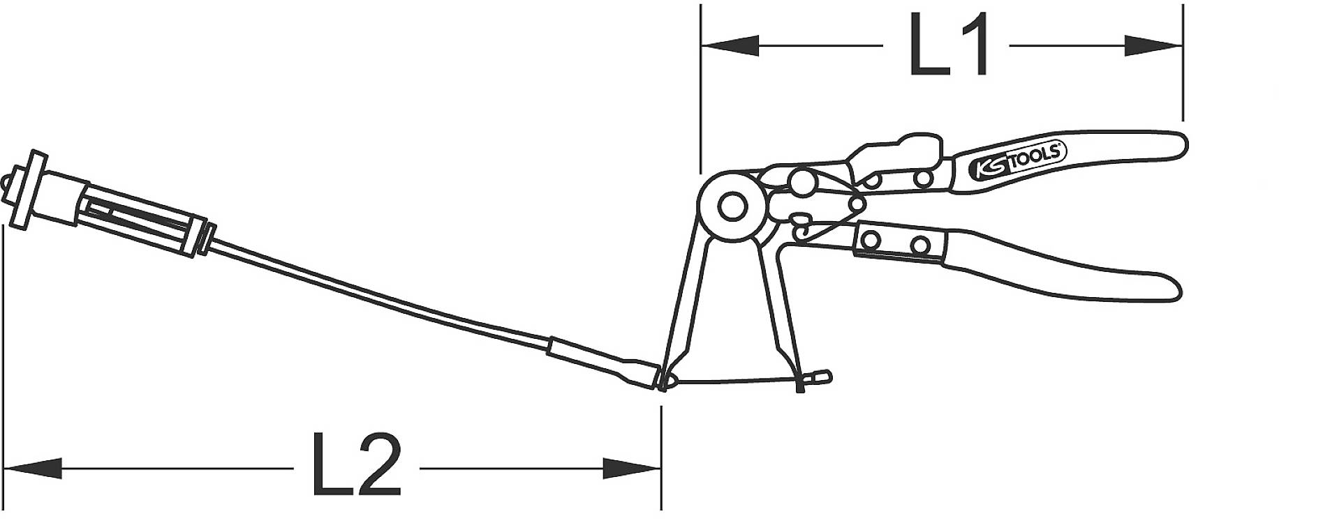 Zeichnung einer Zange mit Hebelgriff von KS Tools, verbunden mit einem Drahtspanner. Beschriftet mit 'L1' und 'L2' zur Längenangabe.