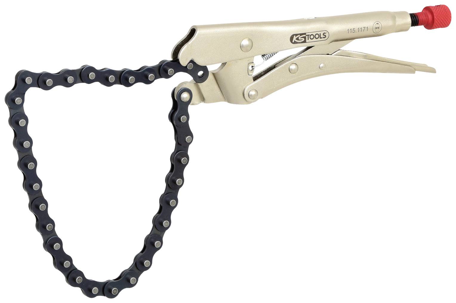Metallische Werkzeugzange mit Kettenmechanismus, geeignet zum Greifen oder Festhalten von runden Objekten wie Rohren oder Muttern.