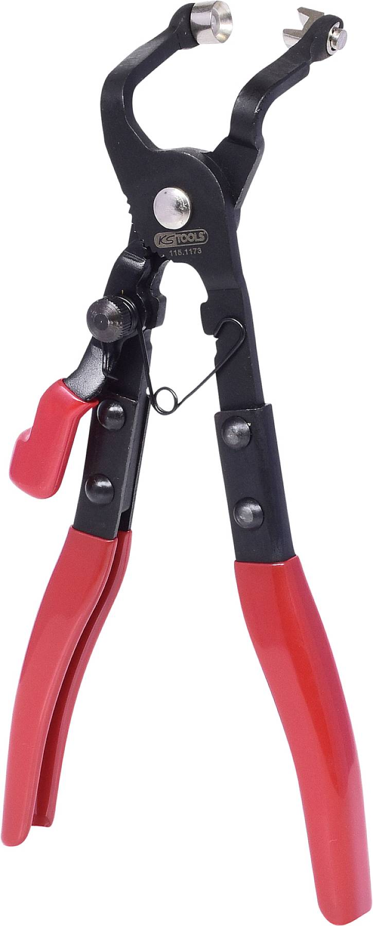 Rote und schwarze Zange mit gerillten, verstellbaren Backen und Hebelgriff, typischerweise für mechanisches Greifen oder Halten.