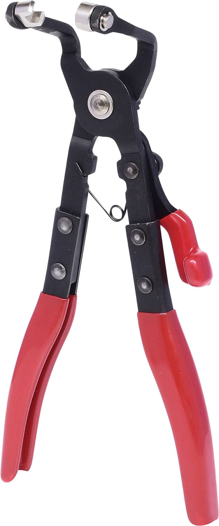 Zange mit roten Griffen und kleinem Hebel für Feineinstellungen. Hauptsächlich für feine Arbeiten oder gezielte Manipulationen geeignet.