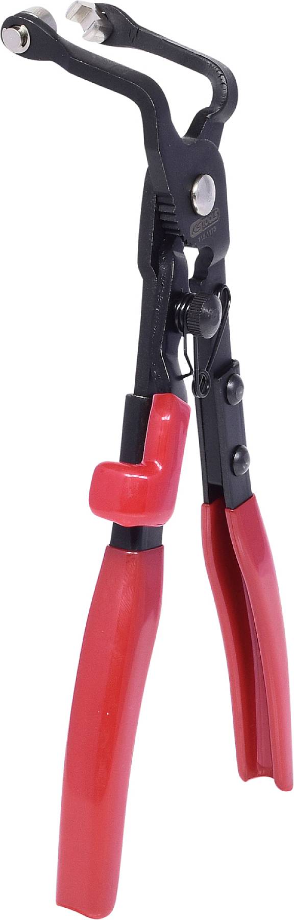 Zange mit roten Griffen, geeignet zum Entfernen von Klammern oder Klemmen. металlich-schwarzes Gehäuse, geeignet für Werkstattarbeiten.
