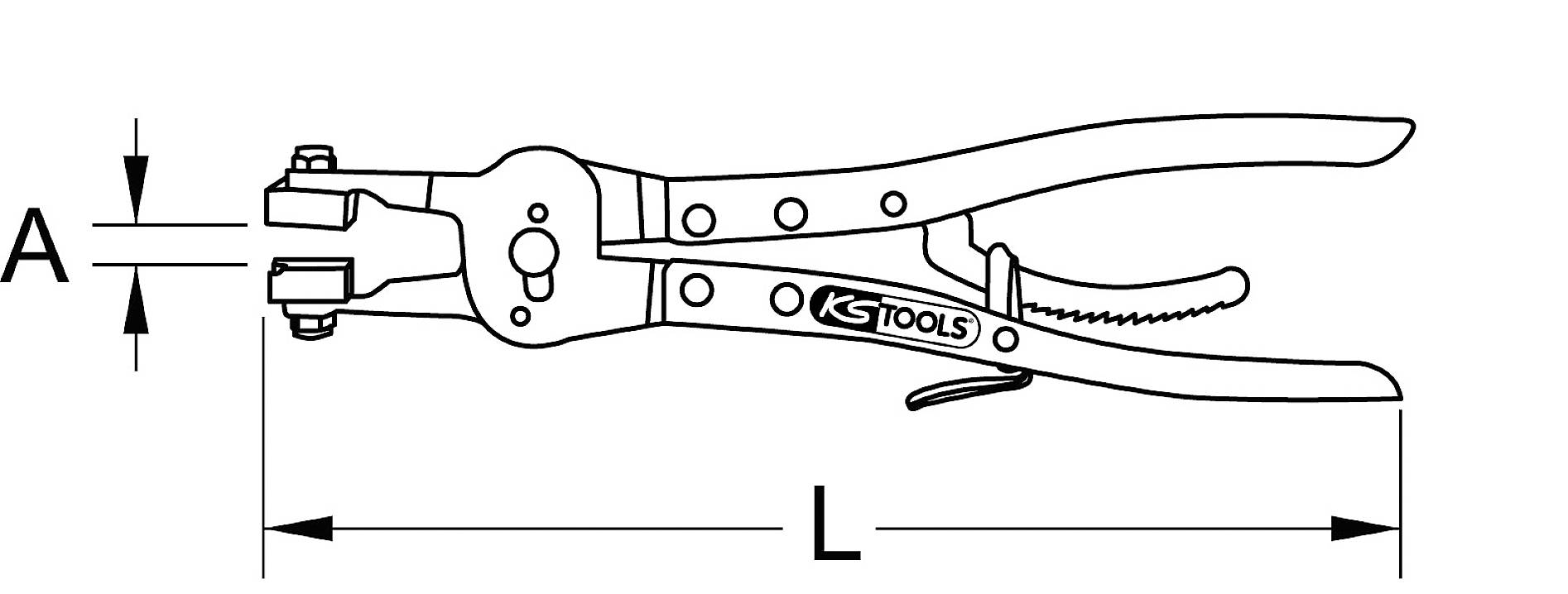 Zange mit einem Hebelgriff und einer Klemmbügelmechanik, die zu einer Marke gehört. Markiert sind Maße A (Breite) und L (Länge).