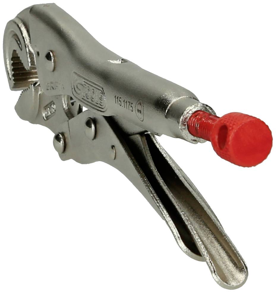 Oberfläche einer silbernen Metallklemme mit rotem Gummigriff, geeignet zum Greifen und Fixieren von Gegenständen.