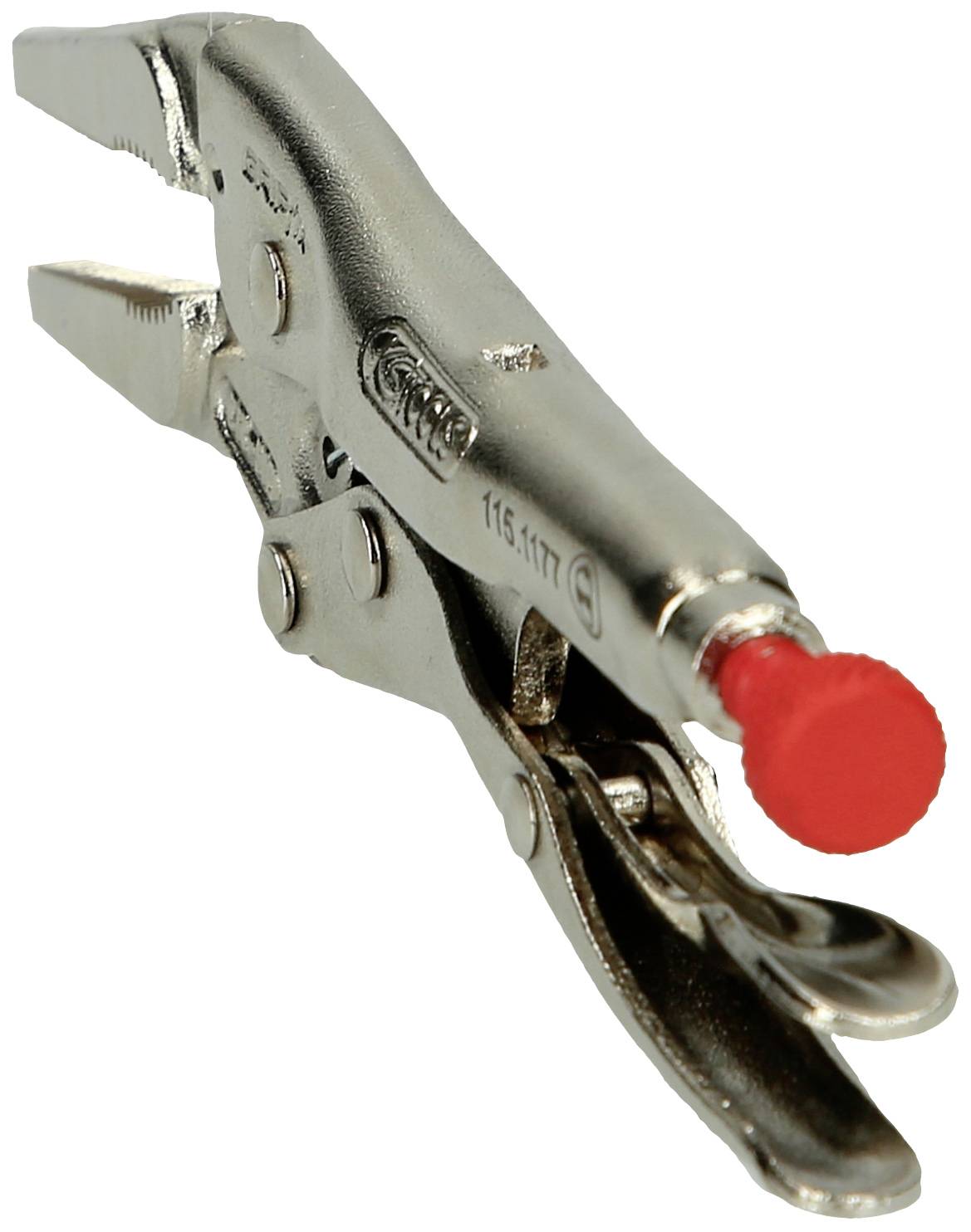 Eine silberne Feststellzange mit einem roten Griff am Spannmechanismus. Sie ist ein Werkzeug zum Greifen und Fixieren von Objekten.