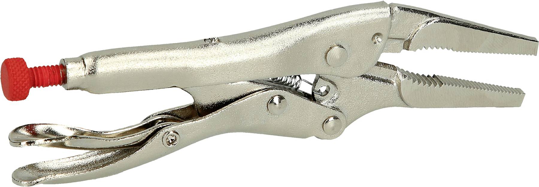 Metallzange mit roten Griff, Sperrmechanismus und gezahnten Backen, geeignet für verschiedene handwerkliche Arbeiten.