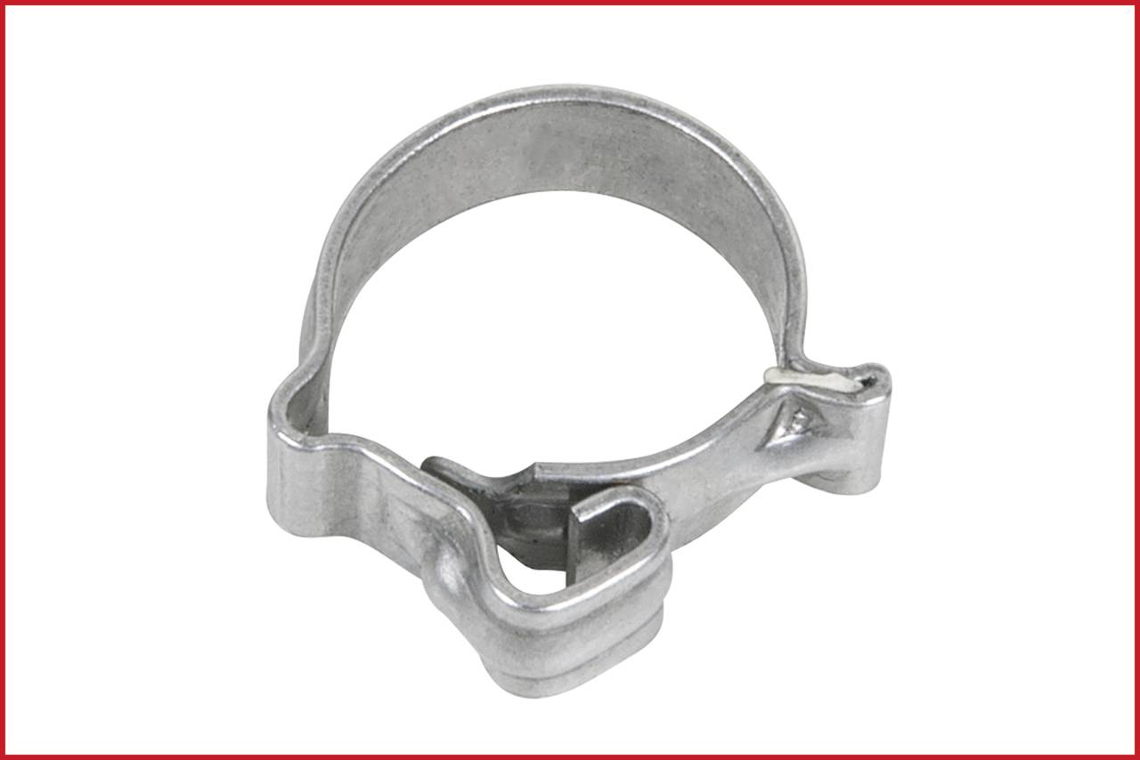 Metallklemme aus Edelstahl, seitlicher Blick. Verwendet zur Befestigung von Schläuchen oder Leitungen in Fahrzeug- und Maschinenanwendungen.