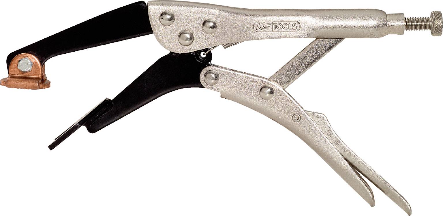 Metallische Gripzange mit schwarzem und silbernem Hebel, geeignet zum Festhalten von Werkstücken bei der Bearbeitung.