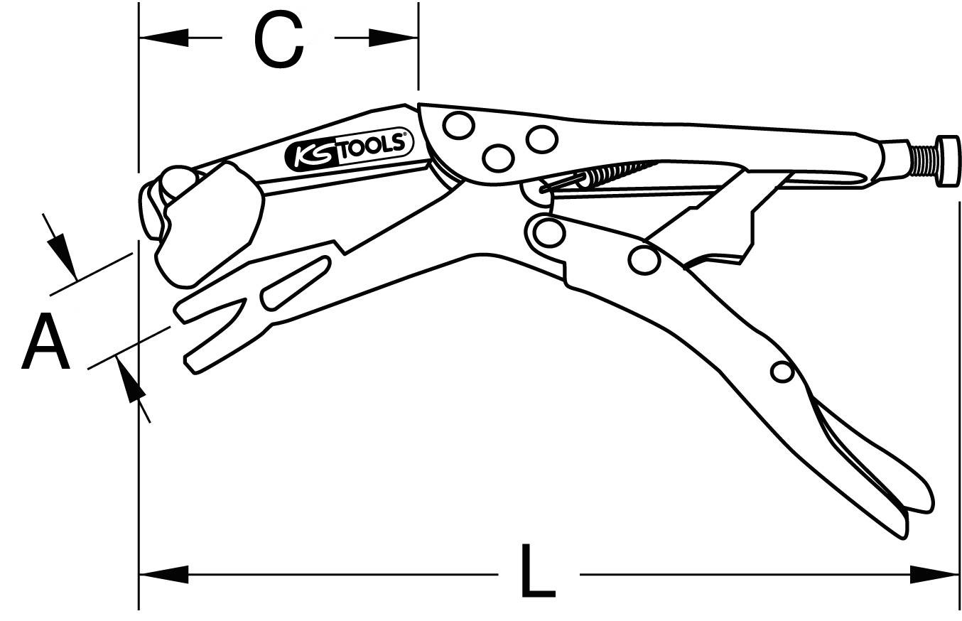 Abbildung einer Spannzange von KS Tools mit markierten Maßen A, C und L.
