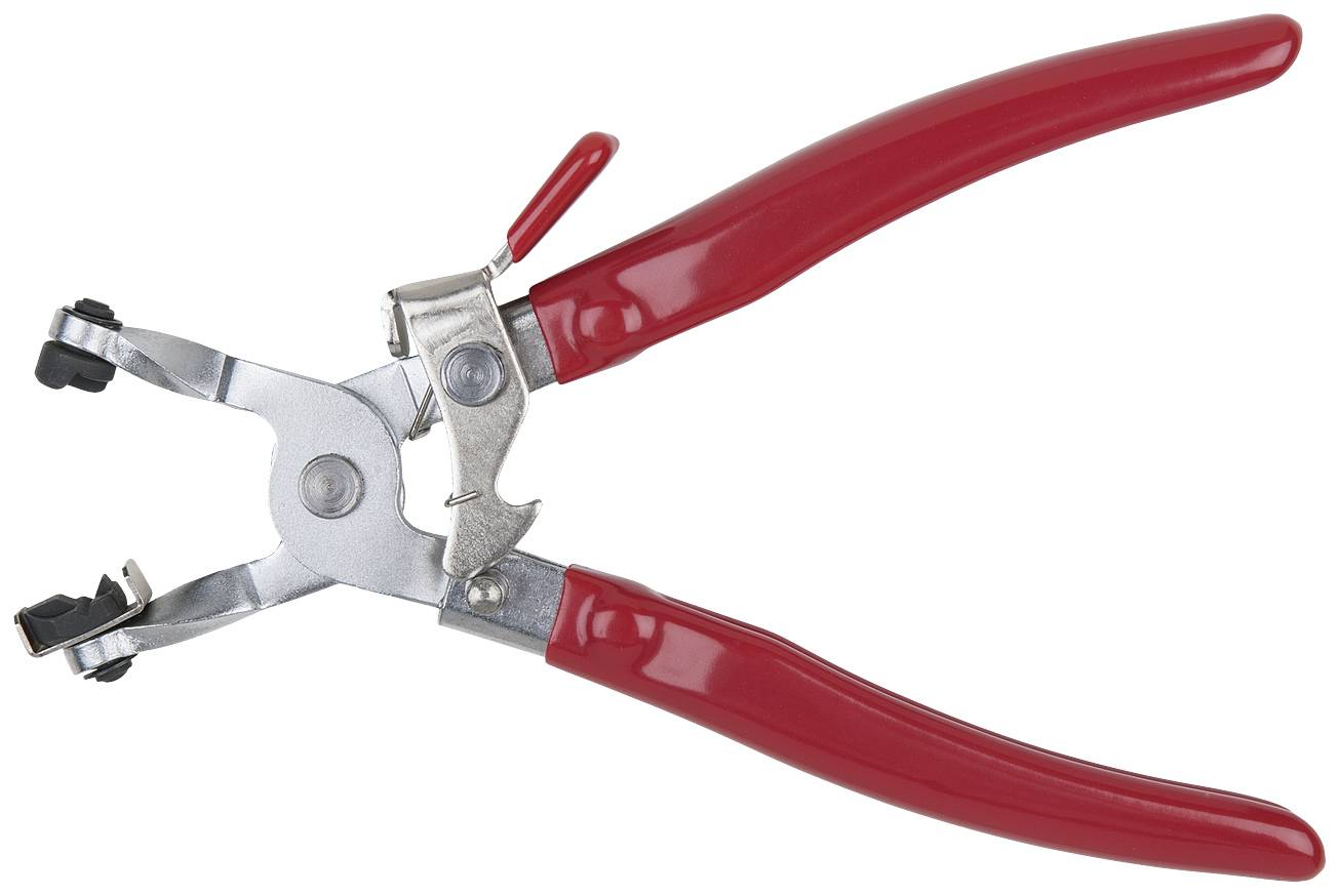 Eine Lochzange mit roten Griffen, verwendet zum Stanzen von Löchern in Materialien wie Leder.