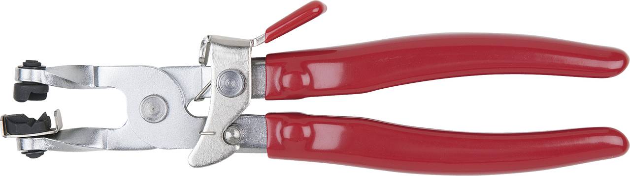 Zange mit roten Griffen und Metallkopf, wird zum Greifen oder Schneiden verwendet. Sie hat einen Hebel zur Arretierung.