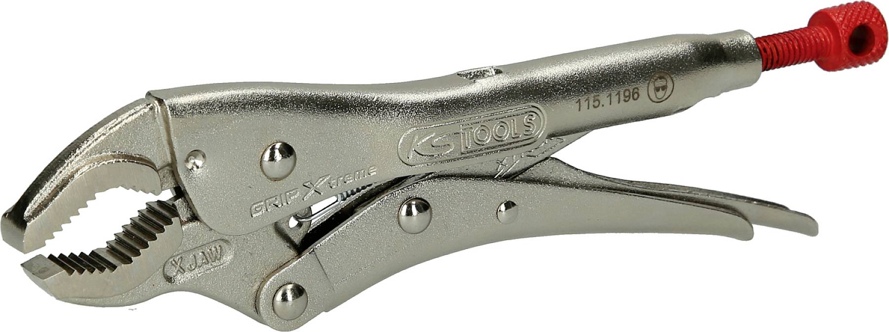 Eine verchromte Gripzange mit einem roten Stellschraubenkopf, verwendet zum Festhalten oder Fixieren von Gegenständen verschiedenen Durchmessers.