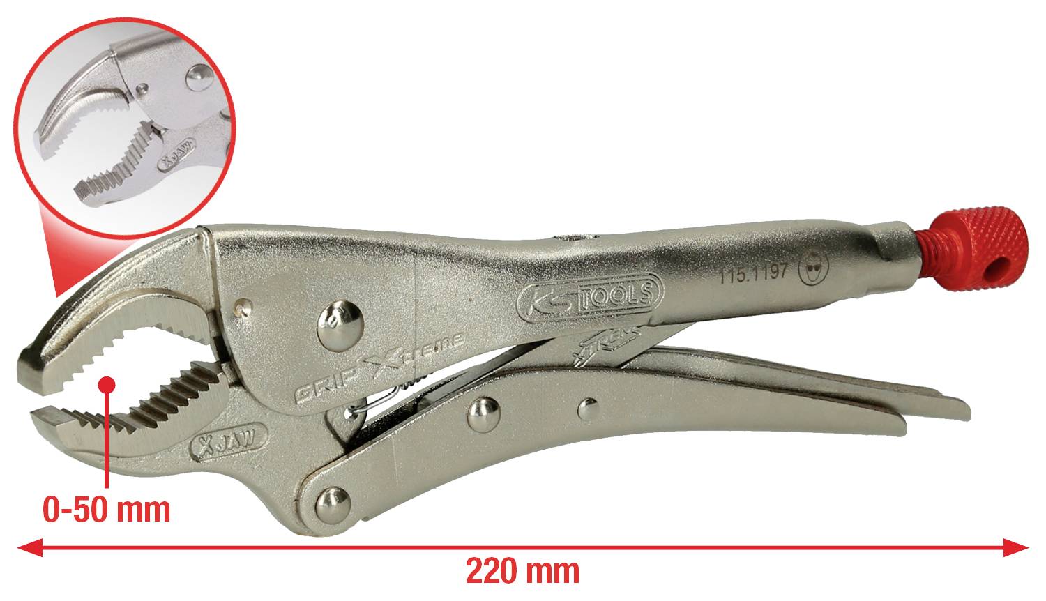 Eine silberne Greifzange mit verstellbarer Öffnung von 0-50 mm, Länge 220 mm. Nahaufnahme zeigt gezackte Backen.