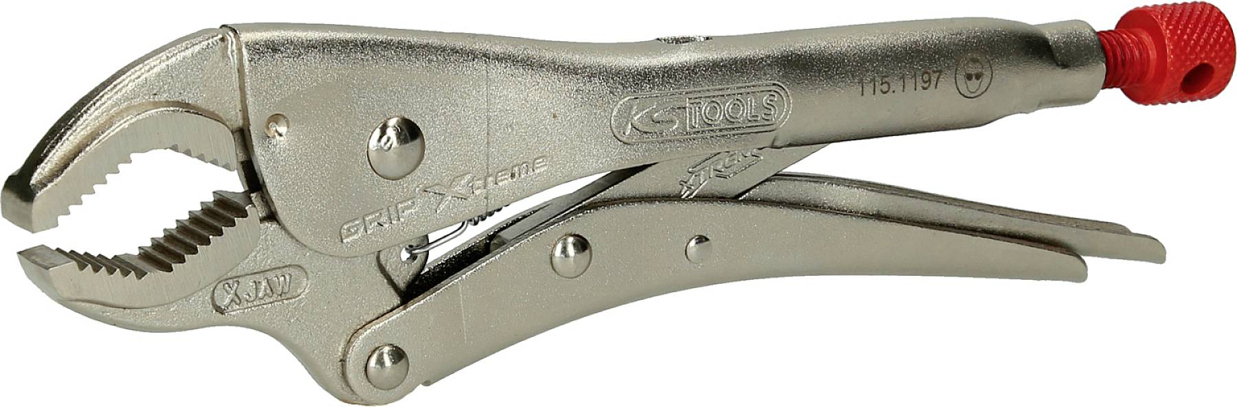 Eine verstellbare Feststellzange aus Metall mit rotem Drehknopf zur Druckregulierung. Geeignet für das Greifen und Halten von Objekten.