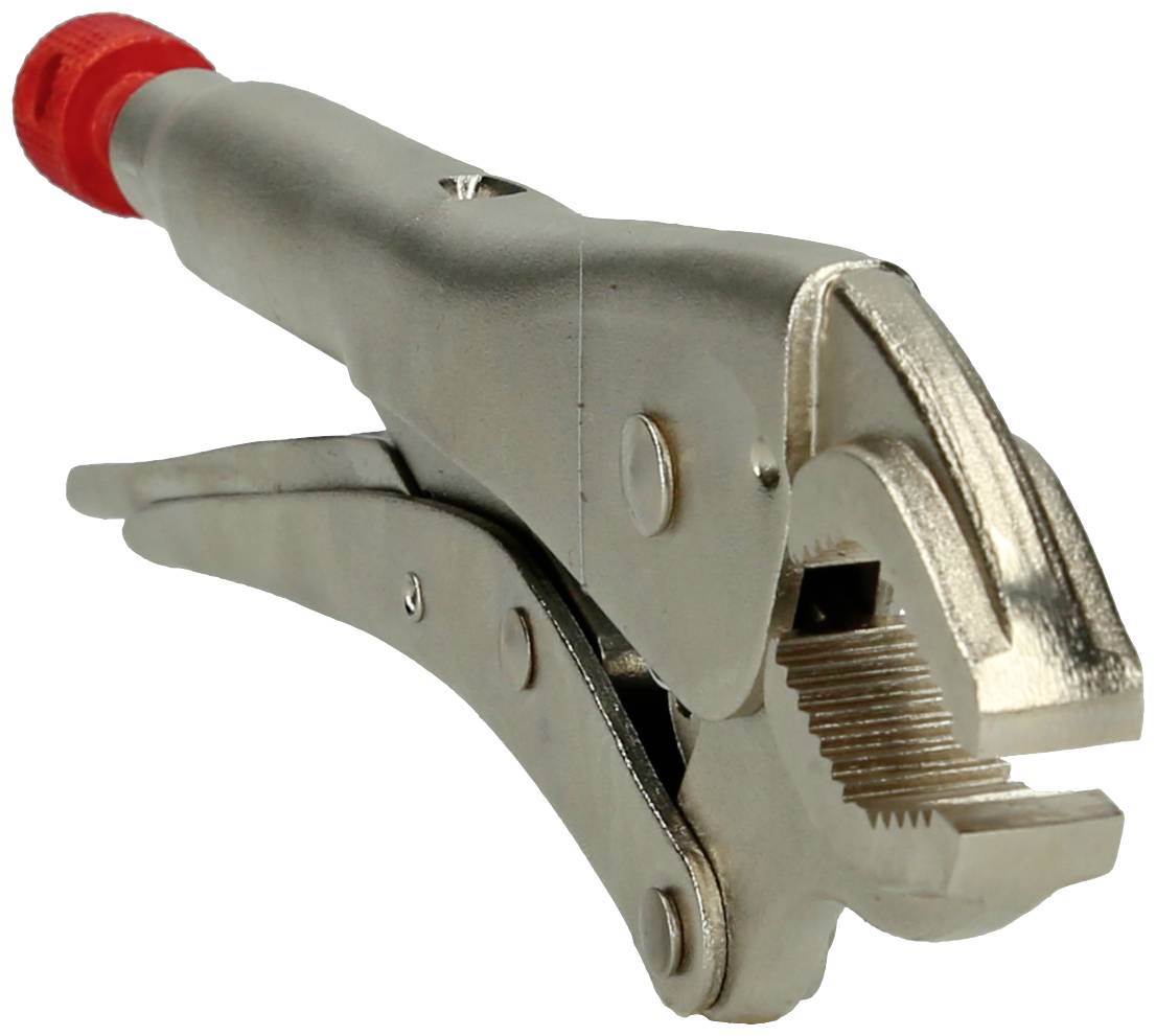 Eine Metallrohrzange mit rotem Griff und verstellbarem Kiefer zum Greifen und Drehen von Rohren oder Schrauben.