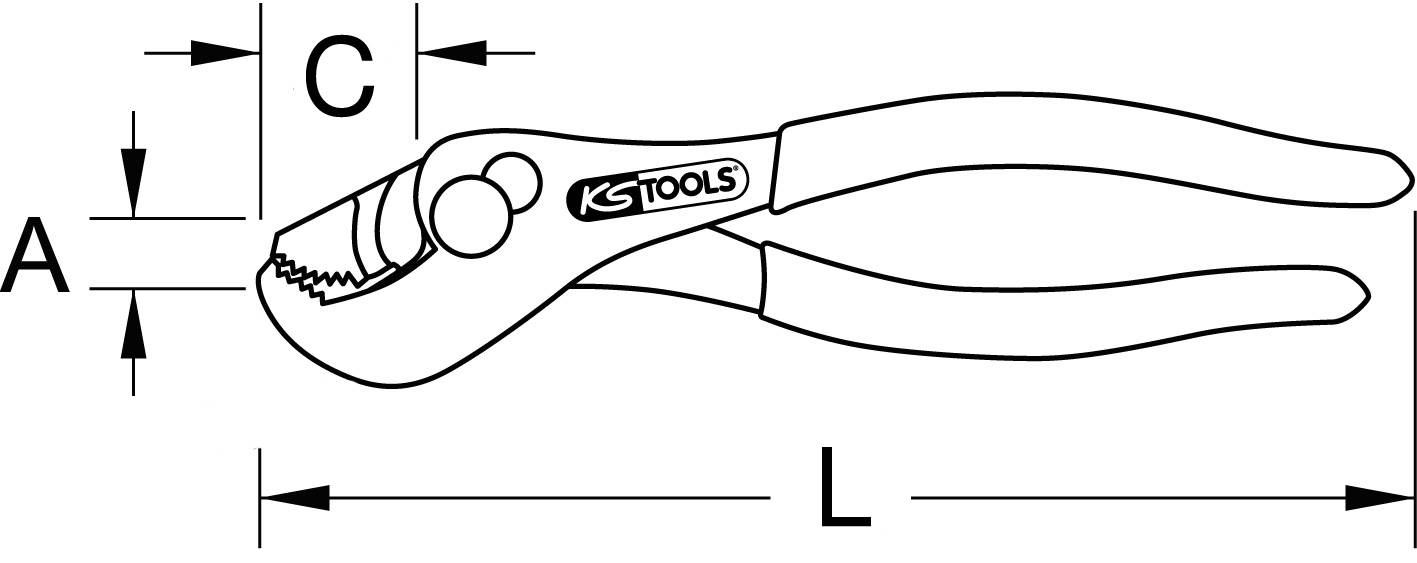 Schwarz-Weiß-Diagramm einer Zange mit Griffen, beschriftet mit 'KS Tools'. Maße A, C, und L zeigen Teile der Zange.