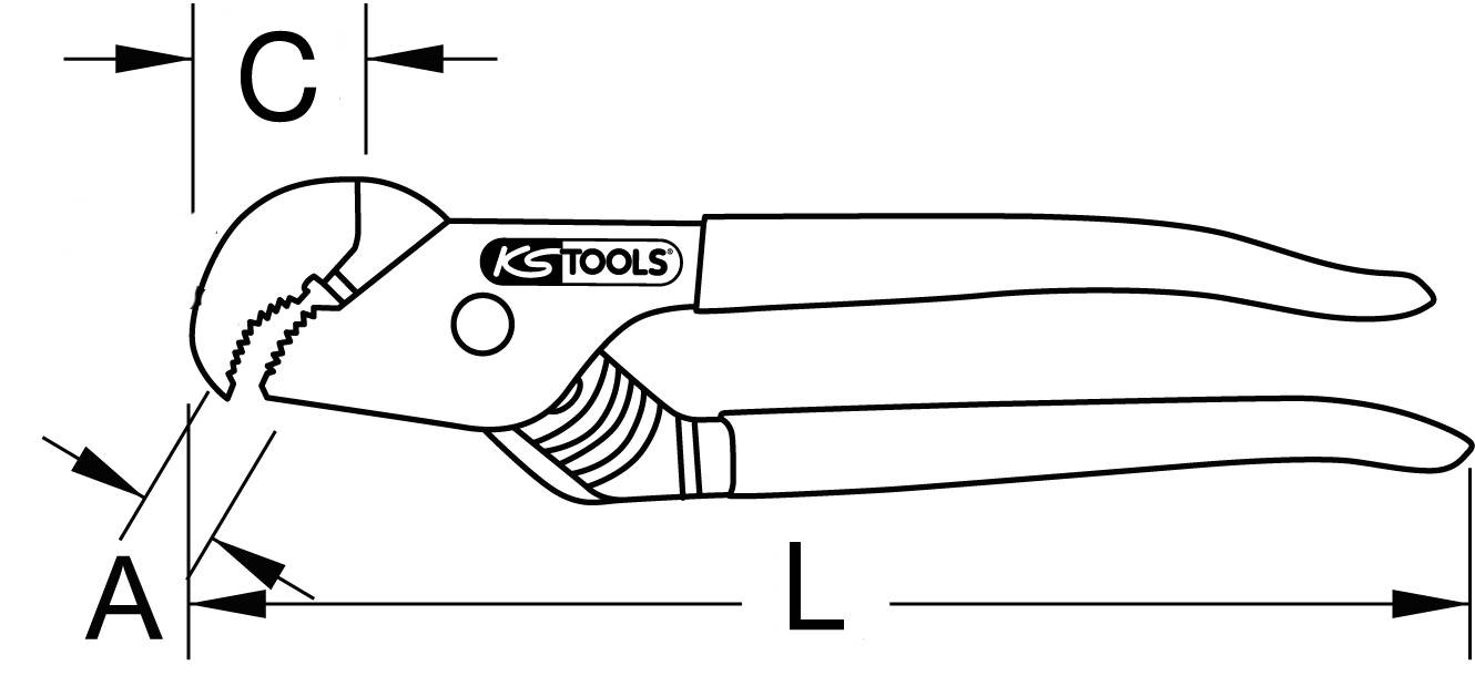 Illustration einer Zange mit Beschriftungen der Maße A, C und L. Zeigt ein Werkzeug mit verstellbarem Kopf und Griffen.