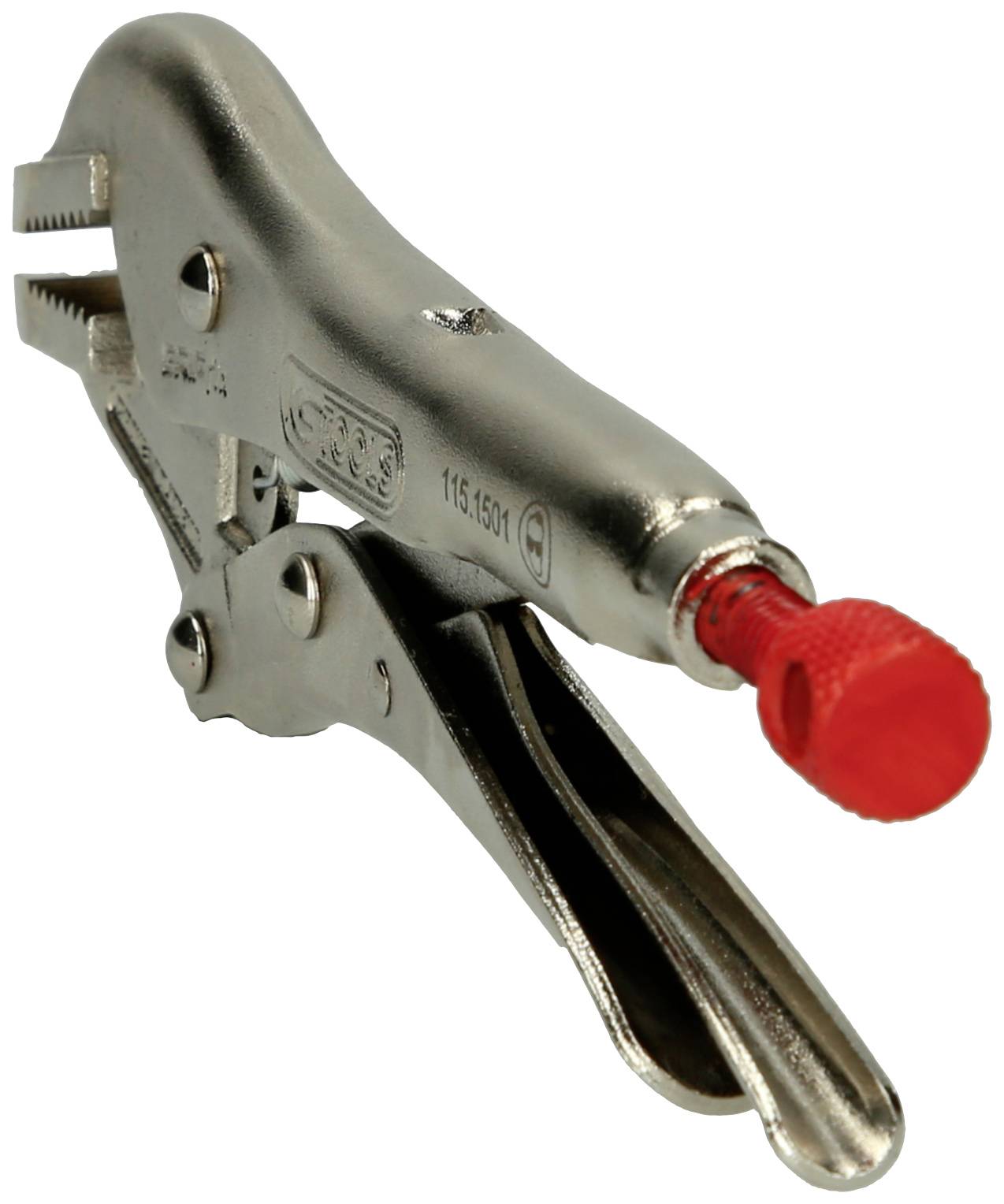 Metallschraubzwinge mit rotem Griff, geöffnet, aus Edelstahl. Geeignet für das Festklemmen von Materialien bei Bau- oder Reparaturarbeiten.