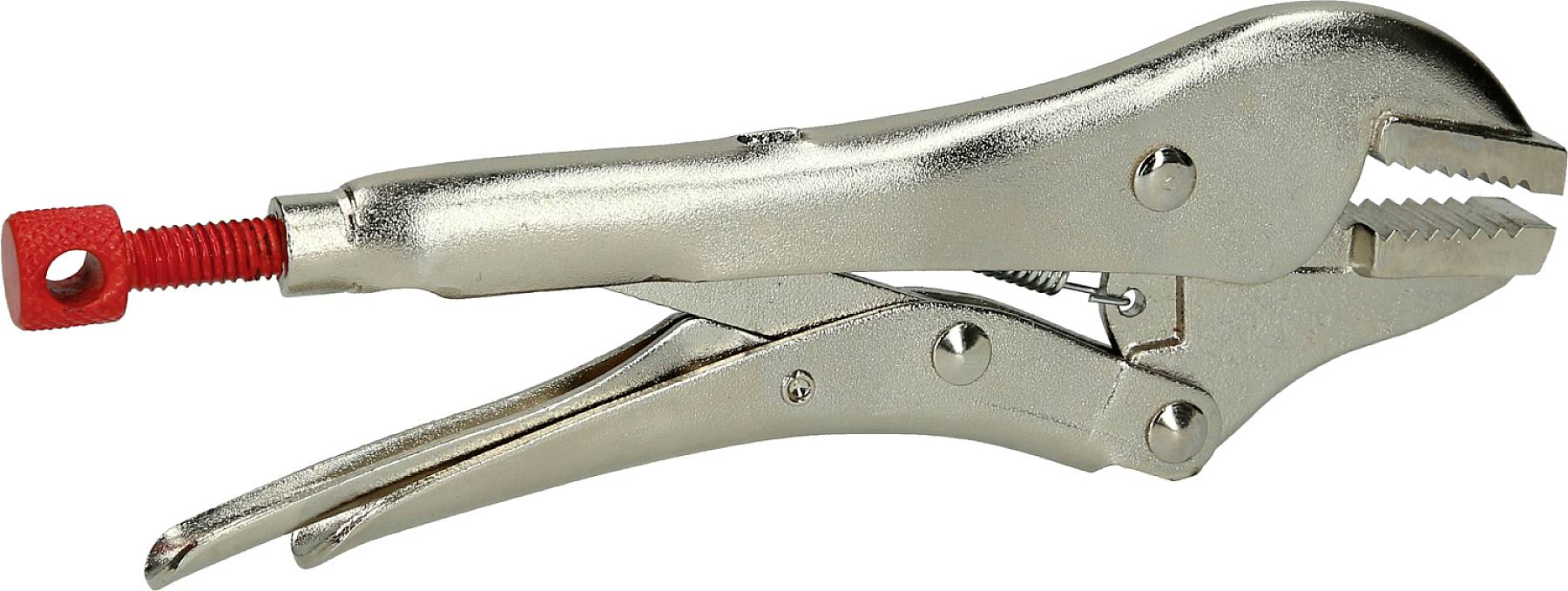 Silberne Feststellzange mit rotem Verstellschraubenkopf, geeignet zum Halten oder Fixieren von Werkstücken in verschiedenen Positionen.