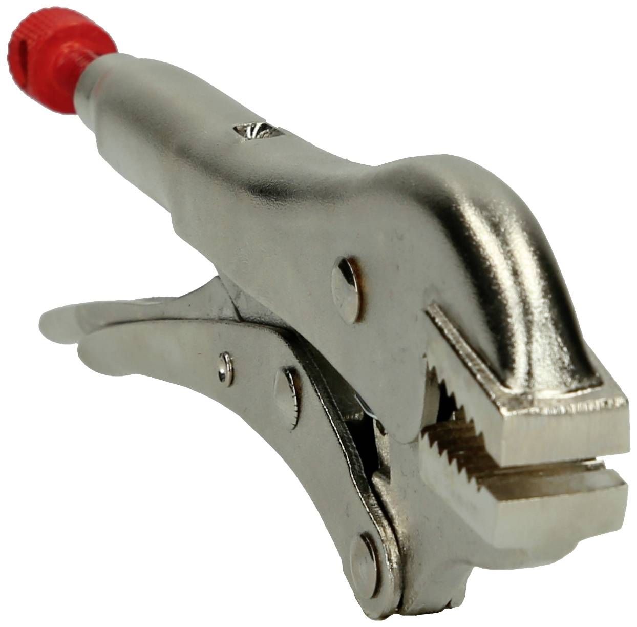 Silberne Feststellzange mit rotem Griff. Gebrauch: Klemmen oder Festhalten von Gegenständen. Essentiell für mechanische Arbeiten.