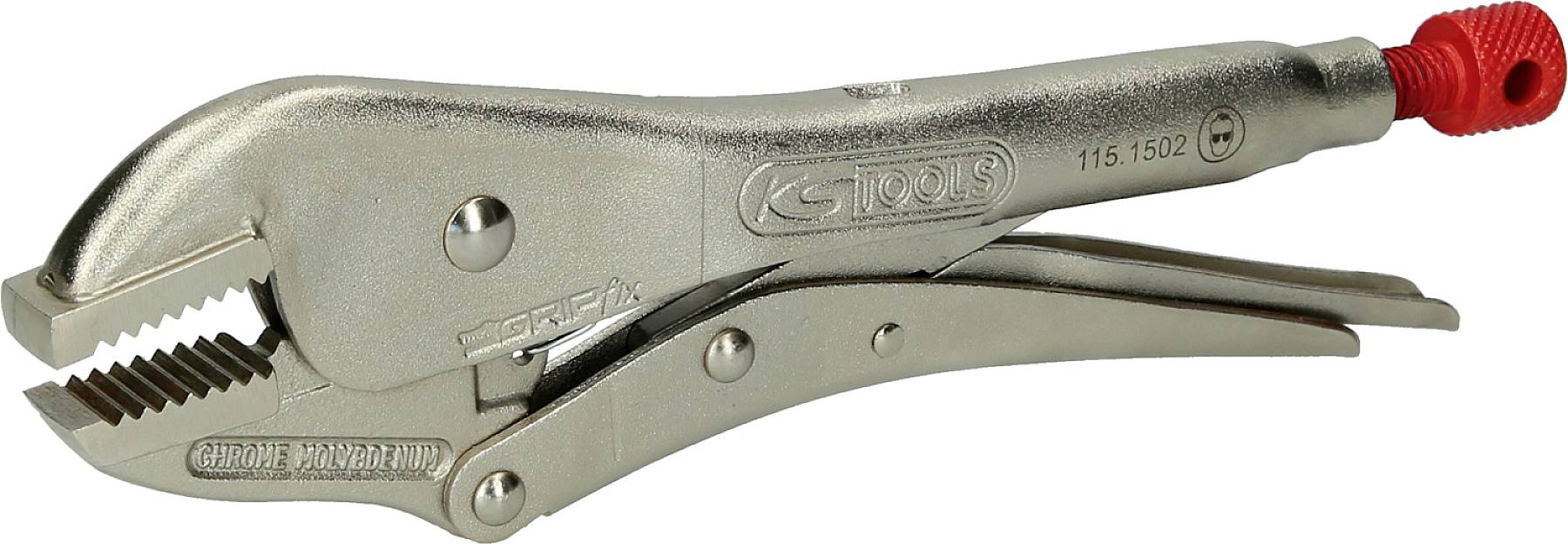 Metallische Rohrzange mit rotem Drehknopf zur Feineinstellung, geeignet zum Greifen und Festhalten von Rohren und anderen Objekten.