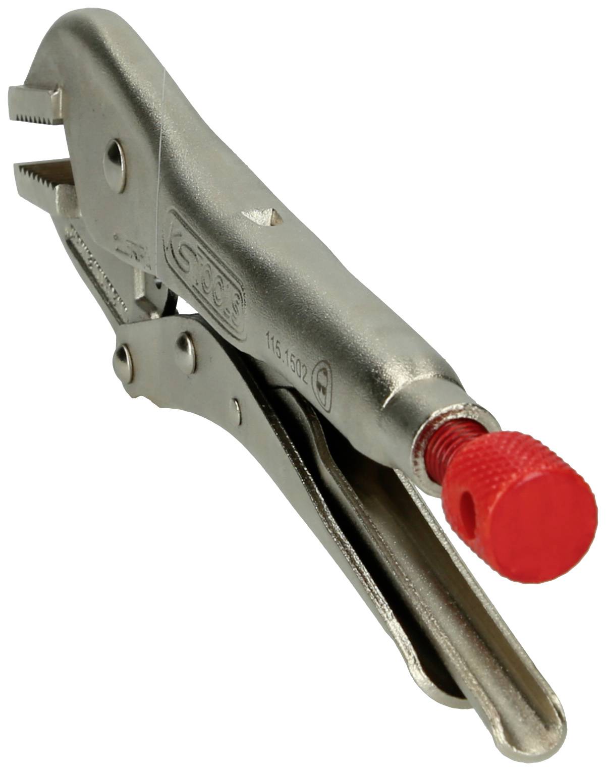 Metallzange mit rotem Drehknopf, zum Festhalten oder Fixieren von Objekten.