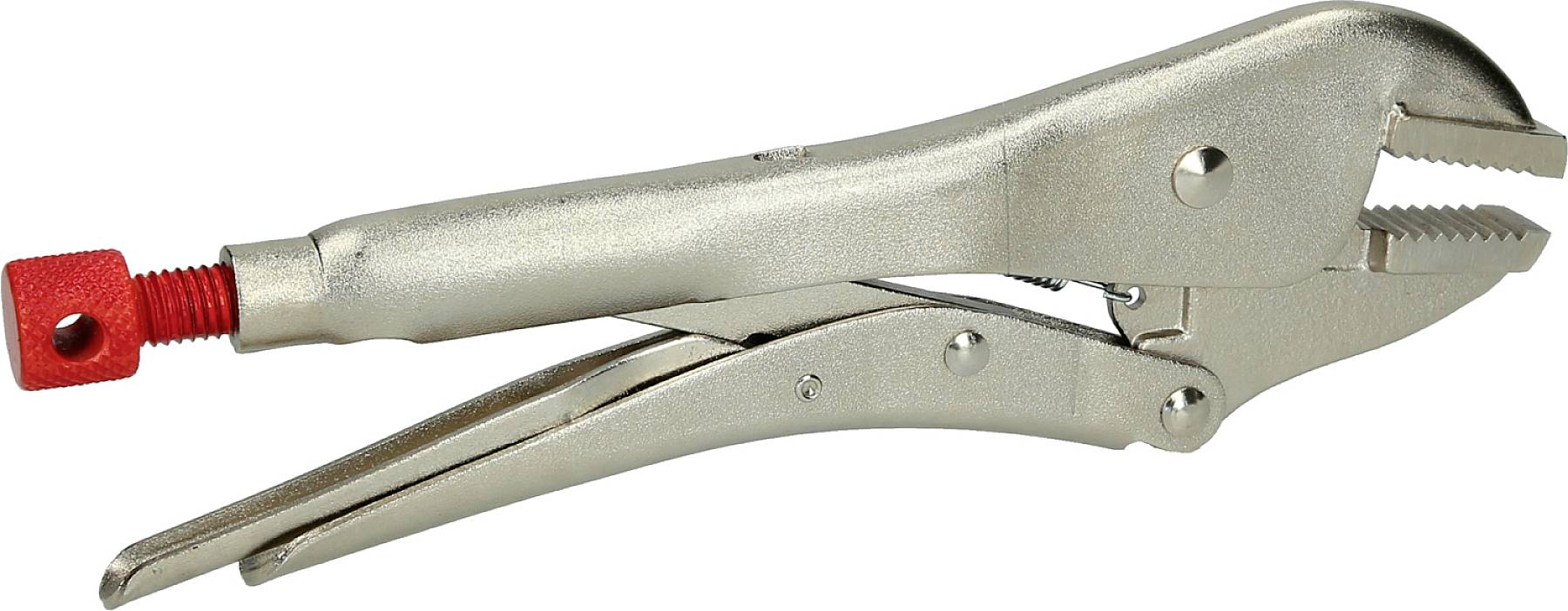 Eine silberne Klemmzange mit roter Schraube, geöffnet und in Seitenansicht, zeigt den Mechanismus zum Festhalten von Gegenständen.