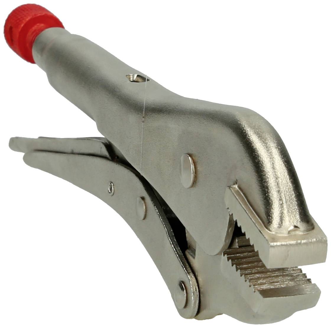 Metallzange mit rotem Griff und gezahnten Backen, verwendet zum Greifen oder Halten von Objekten fest.