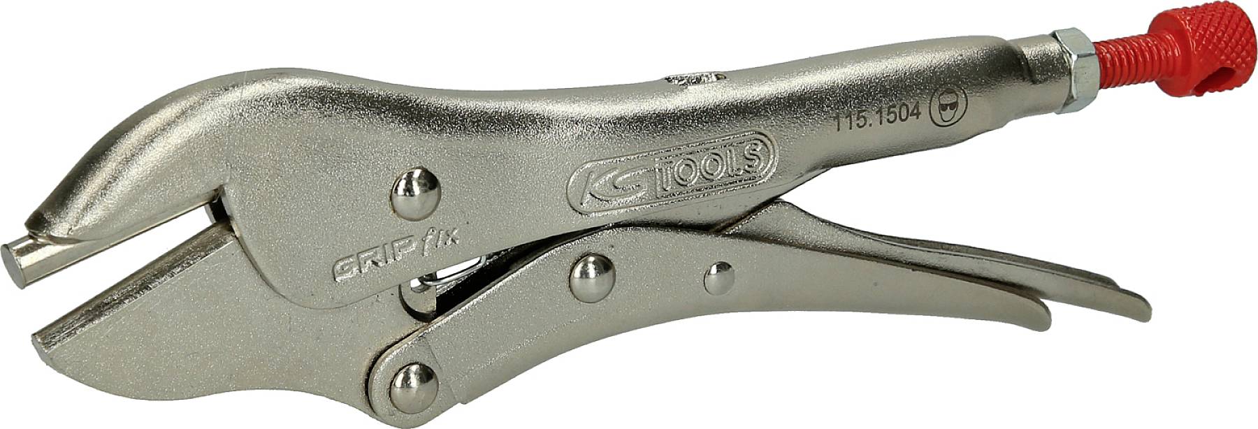 Eine verstellbare Gripzange aus Metall mit roter Schraube zur Einstellung. Sie wird zum Halten von Materialien in verschiedenen Größen verwendet.