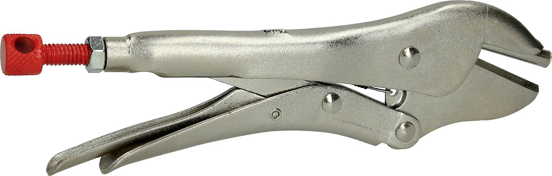 Metallische Feststellzange mit rotem Schraubmechanismus. Sie wird verwendet, um Objekte festzuhalten oder zu fixieren.