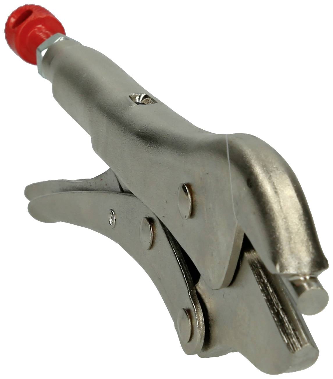 Metall-Schnellspannzange mit roter Kunststoffkappe oben. Geeignet zum Festhalten oder Drücken von Werkstücken.