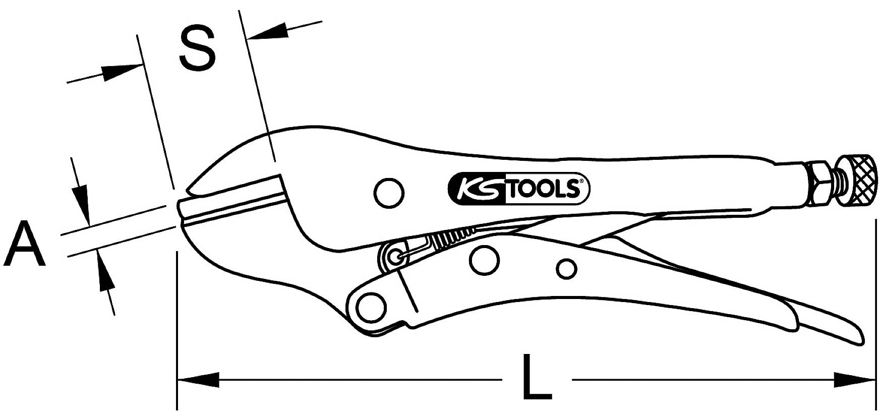 Eine Rohrzange mit der Aufschrift 'KS TOOLS', zeigt Bemaßungen: Backenabstand 'S', Öffnungsweite 'A' und Gesamtlänge 'L'.