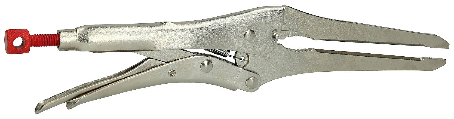 Eine silberne Schweißzange mit rotem Schraubmechanismus, geöffnet im Profilansicht. Hauptwerkzeug zur Befestigung beim Schweißen.