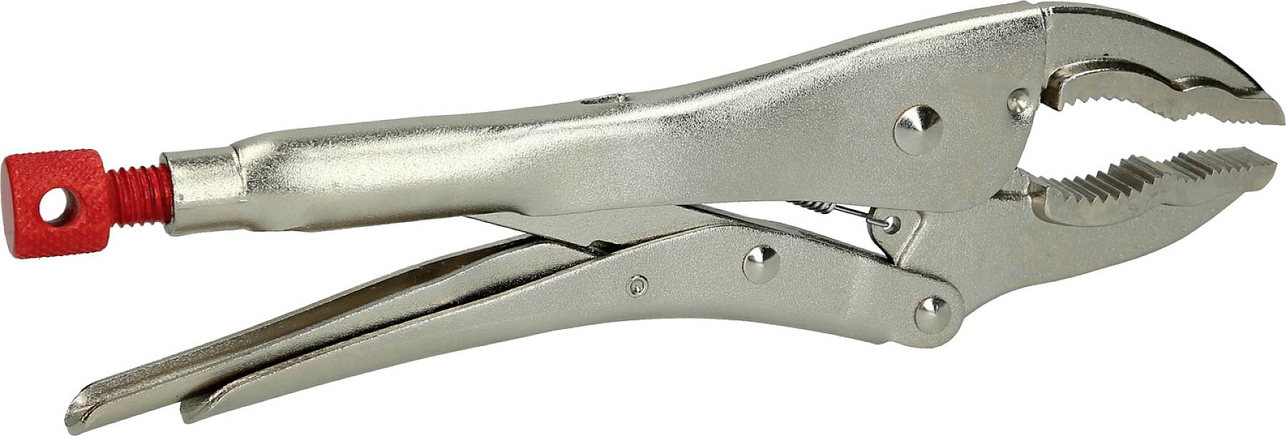 Metallzange mit einem roten Regler am Griffende, geöffnet. Sie wird zum Greifen und Halten von Objekten verwendet.