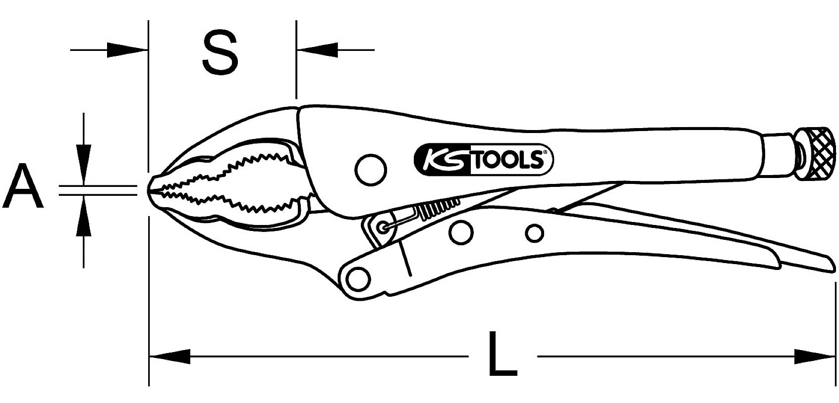 'KS Tools' Schraubzwinge mit Angabe der Maße: A (Maulöffnung), S (Spannweite), L (Länge). Zeigt Form und Funktionalität.