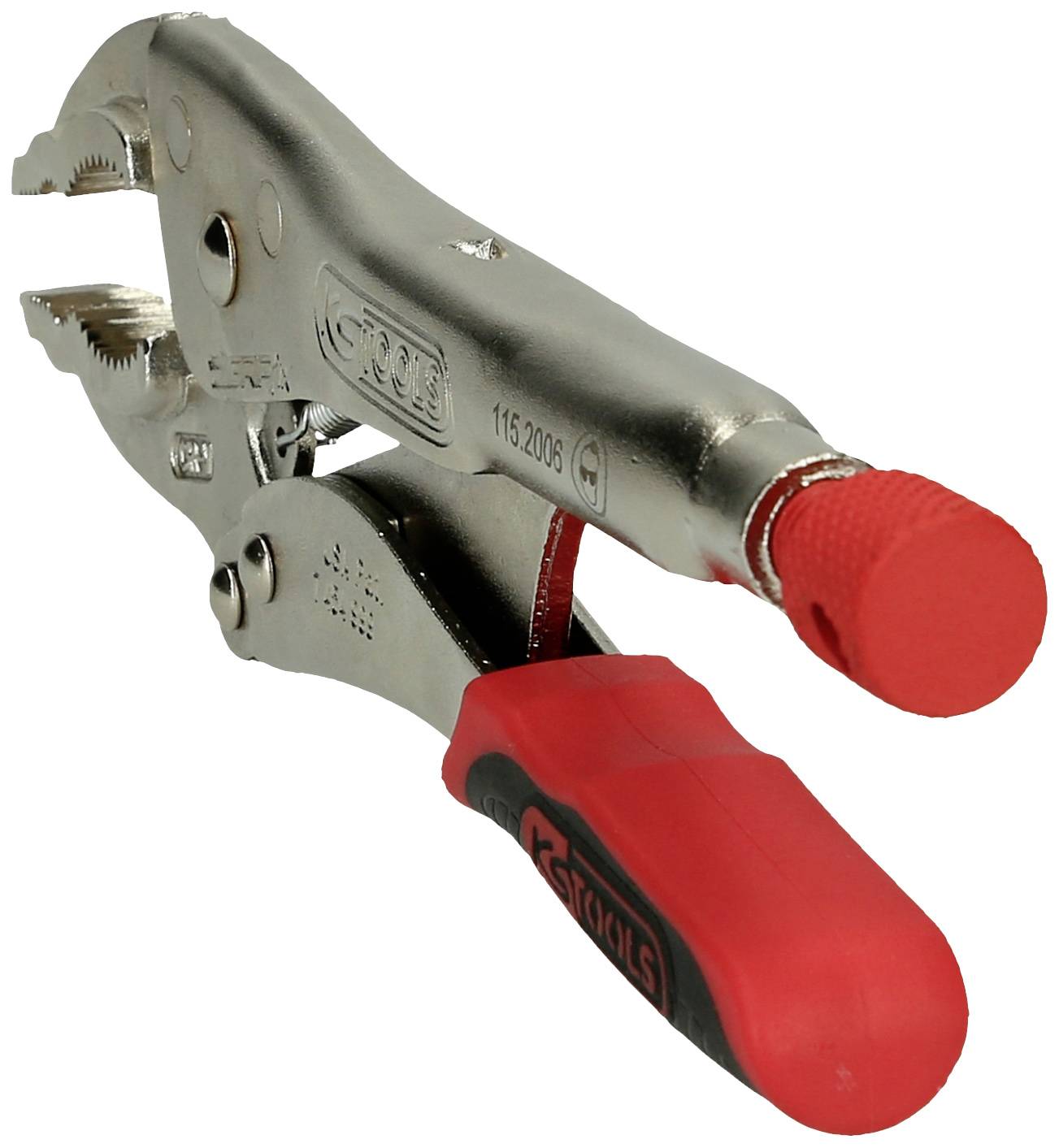 Eine silberne Feststellzange mit rotem Griff und Schraubmechanismus vorne, geeignet zum Fixieren und Halten von Objekten.