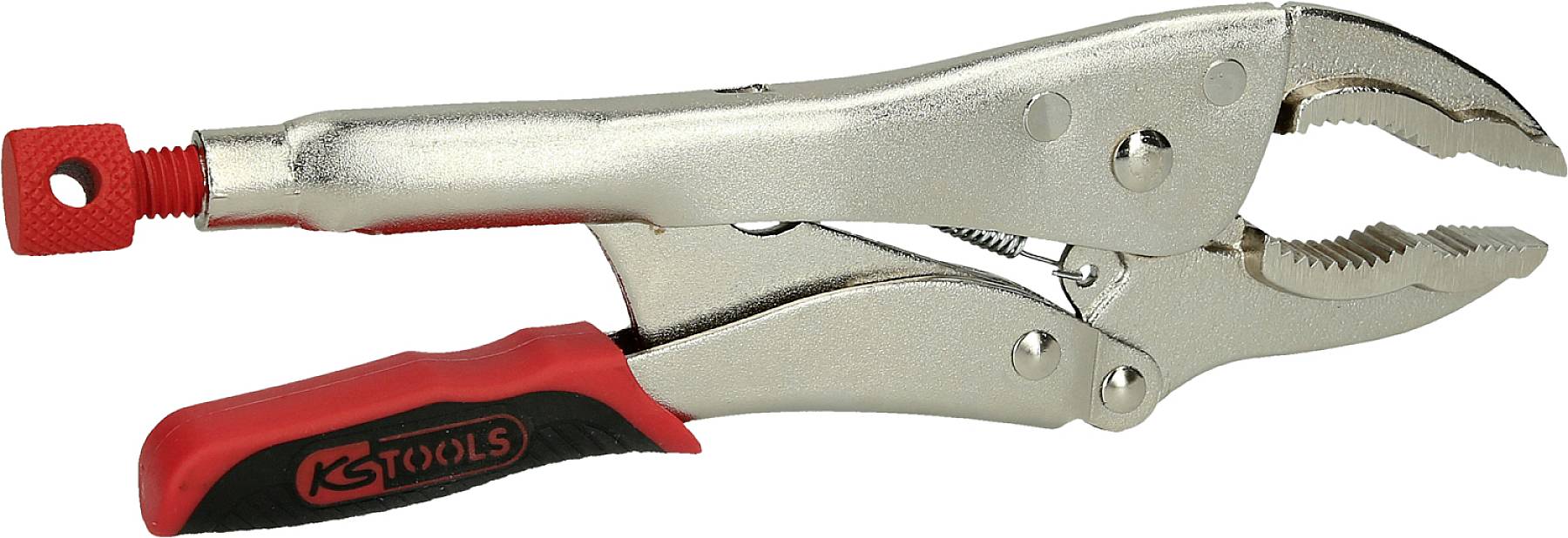 Eine silberne Gripzange mit rotem Griff.