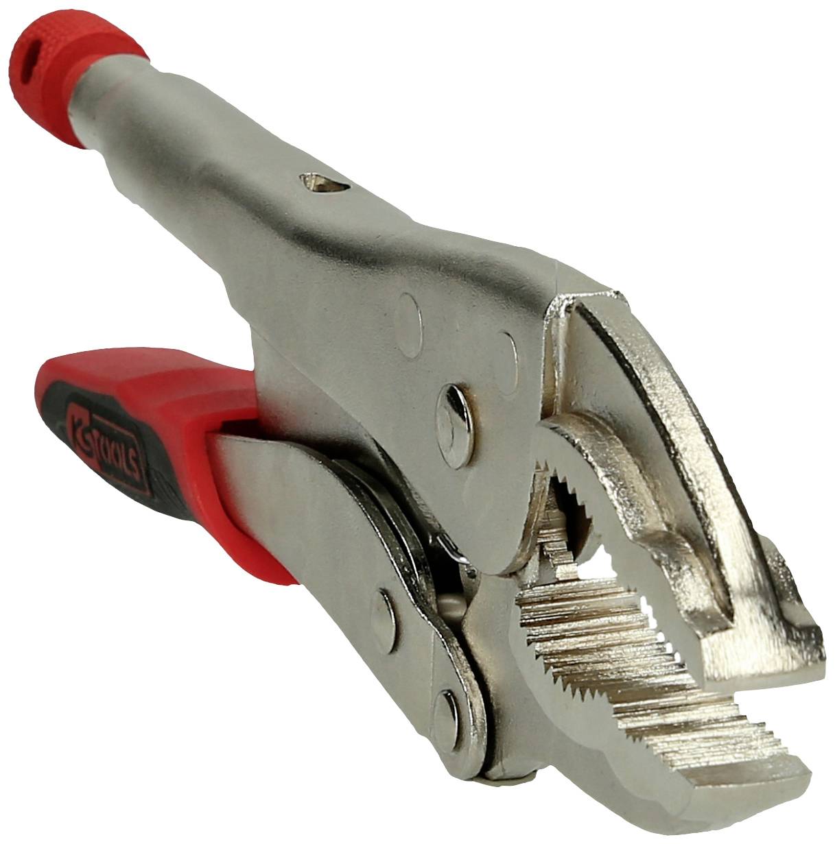 Eine silberne Feststellzange mit roten Griffen, geöffnet in einer seitlichen Ansicht, zeigt gezahnte Greifbacken.