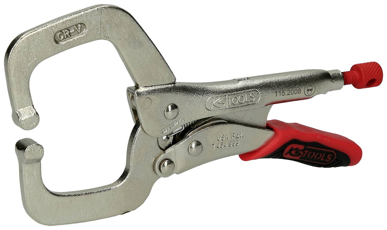 Metallzwinge mit rotem Griff und verstellbarem Schraubmechanismus, geeignet zum Befestigen von Werkstücken beim Handwerken.