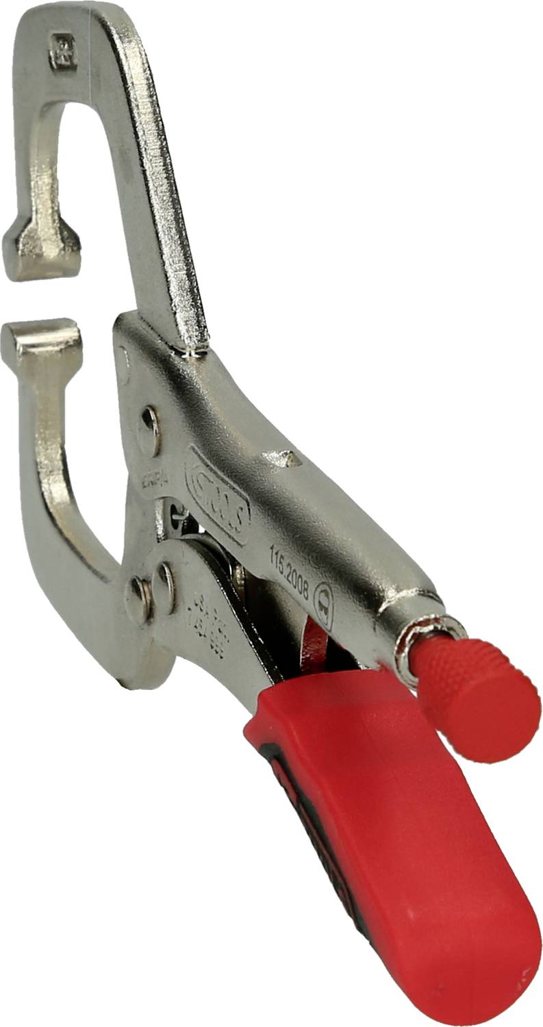Eine silberne Klemmzange mit rotem Griff, die zum Halten oder Fixieren von Objekten verwendet wird.