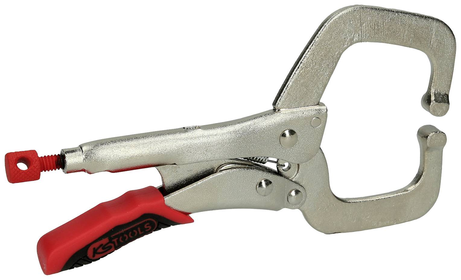 Metallische Greifzange mit rotem Griff, geeignet zum Fixieren von Materialien.
