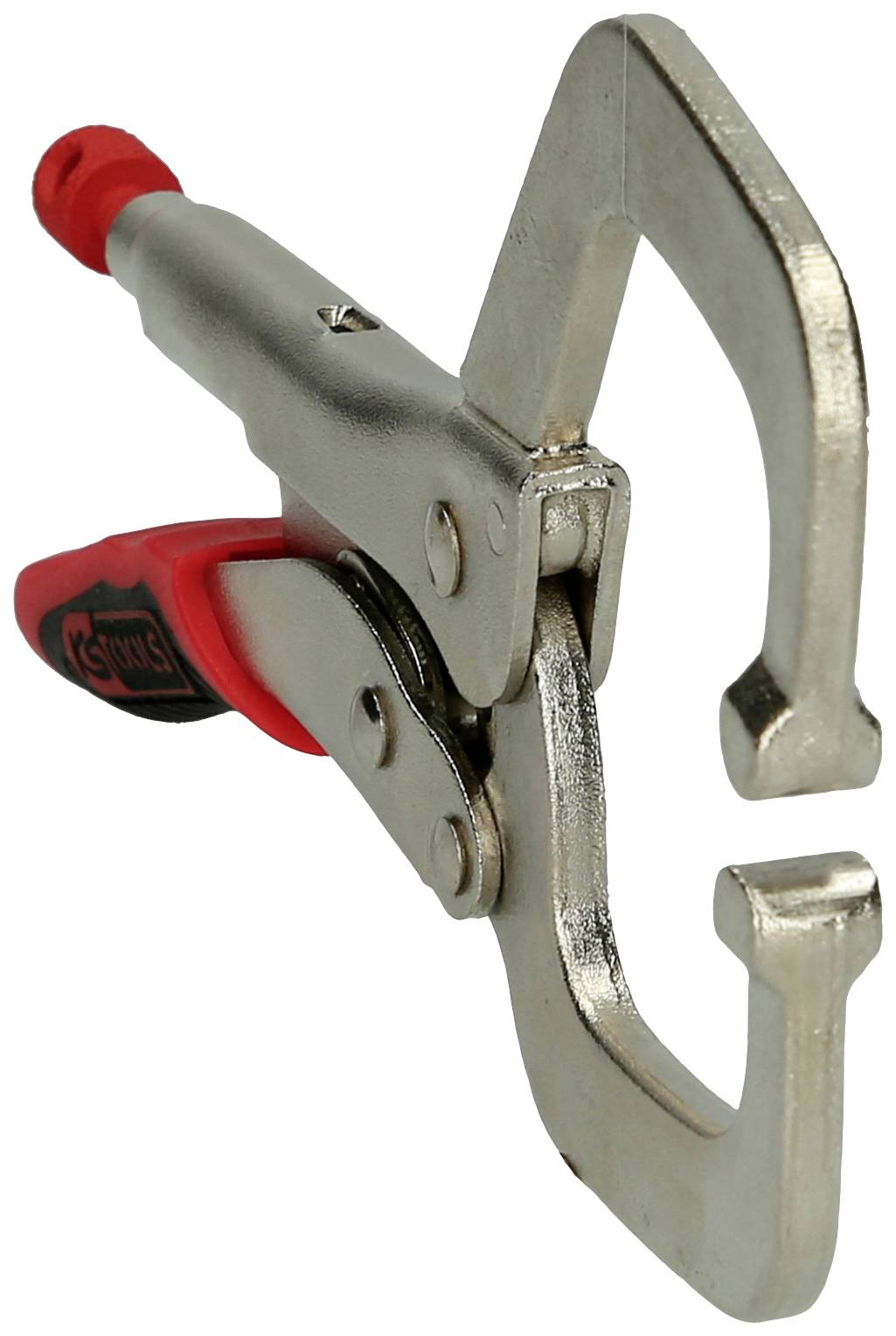 Eine C-Spannzwinge aus Metall mit rotem Griff, eingesetzt zum Fixieren von Materialien bei handwerklichen Arbeiten.