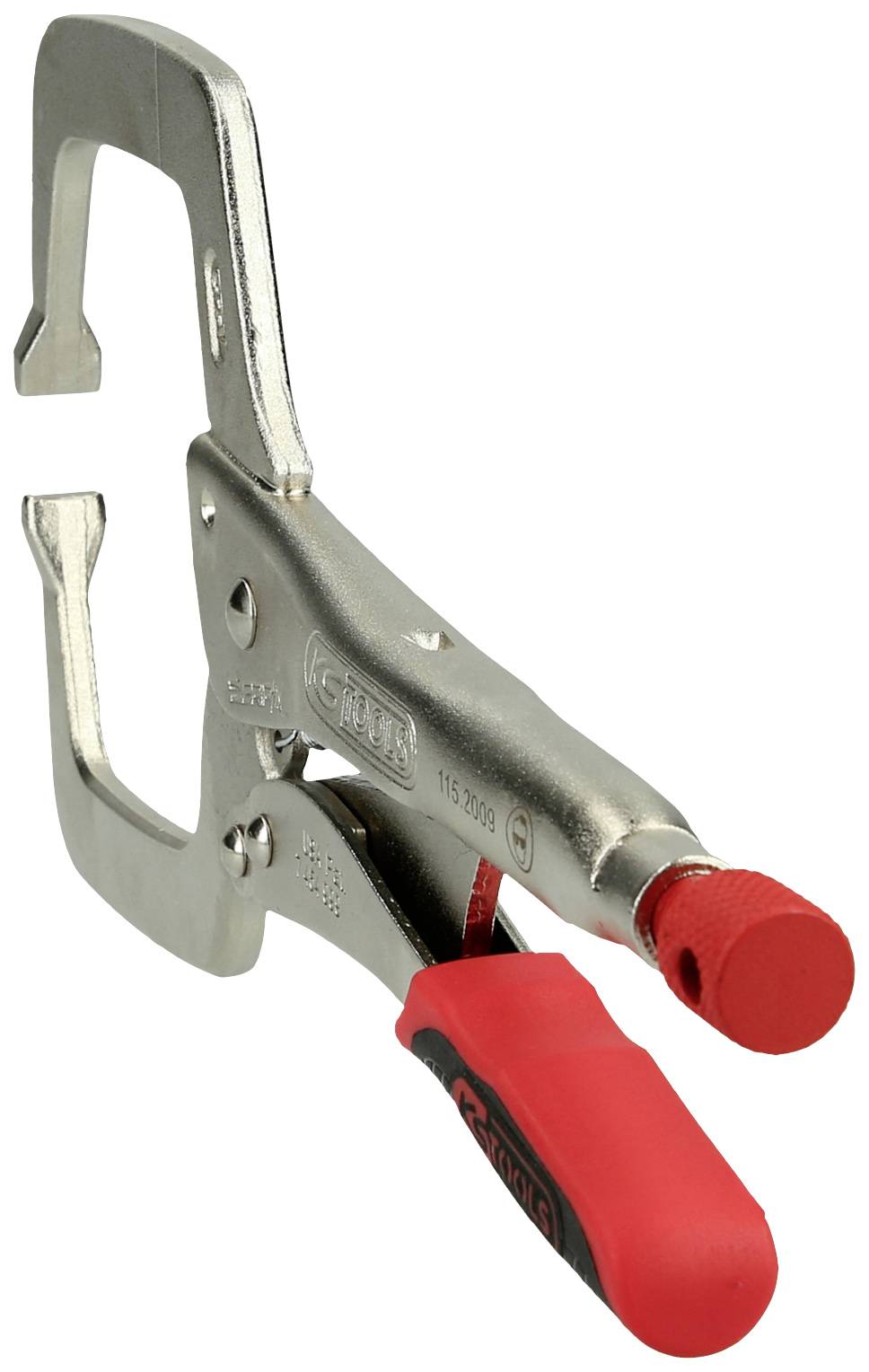 Metall-C-Schraubzwinge mit rotem Kunststoffgriff, geöffnet im rechten Winkel. Geeignet zum Festhalten von Werkstücken.