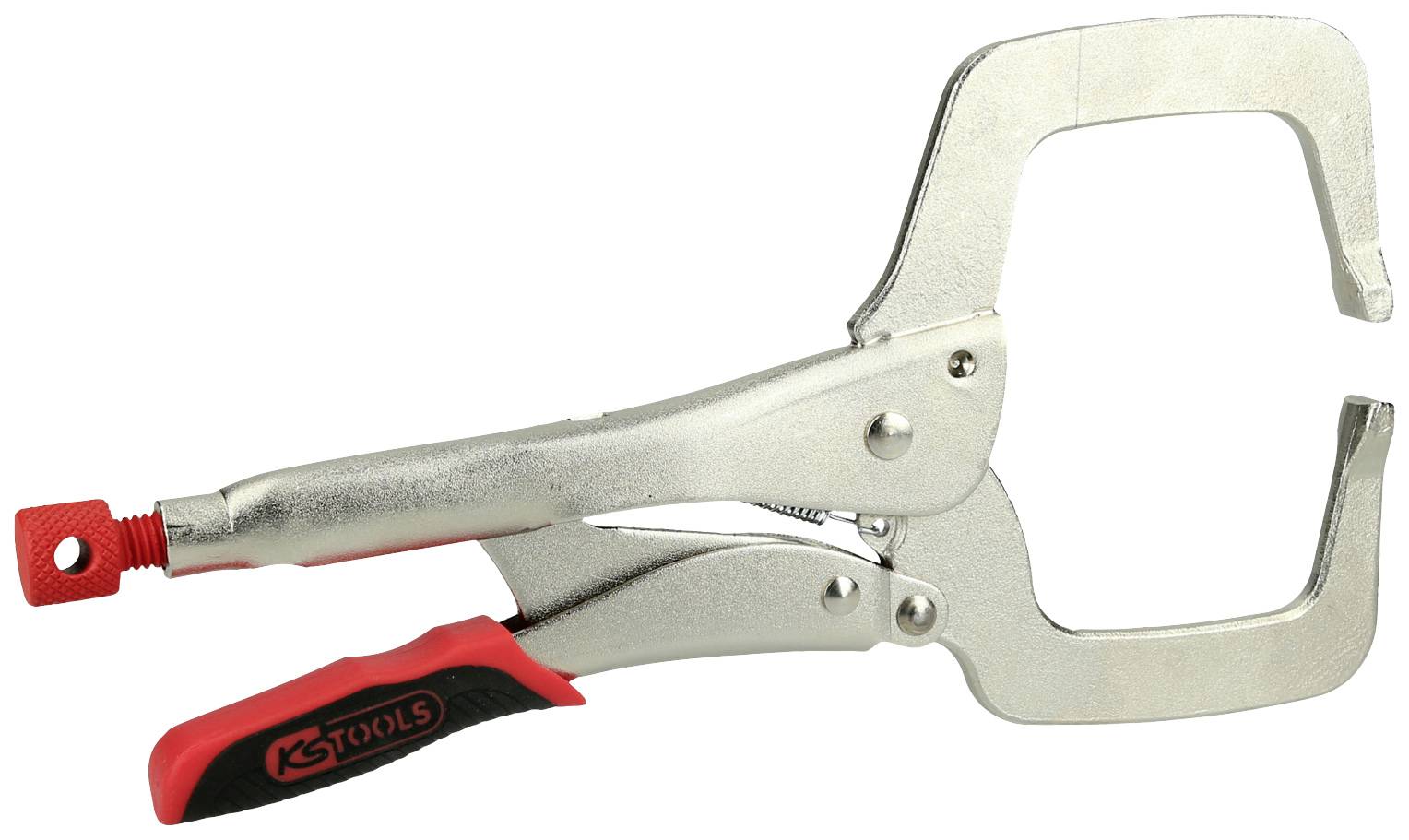 Zwinge mit Metallkörper und roten Griffen, eingestellt zum Festklemmen von Werkstücken. Geeignet für Tischler- oder Werkstattarbeiten.