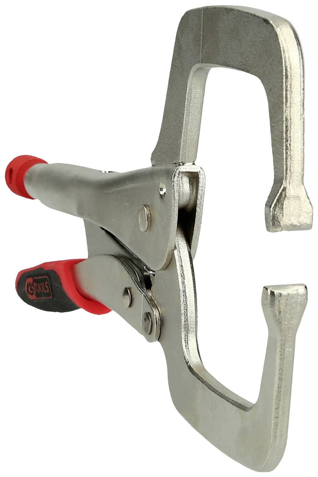 Metallische Klemmzange mit rotem Griff, geeignet zum Fixieren von Werkstücken.