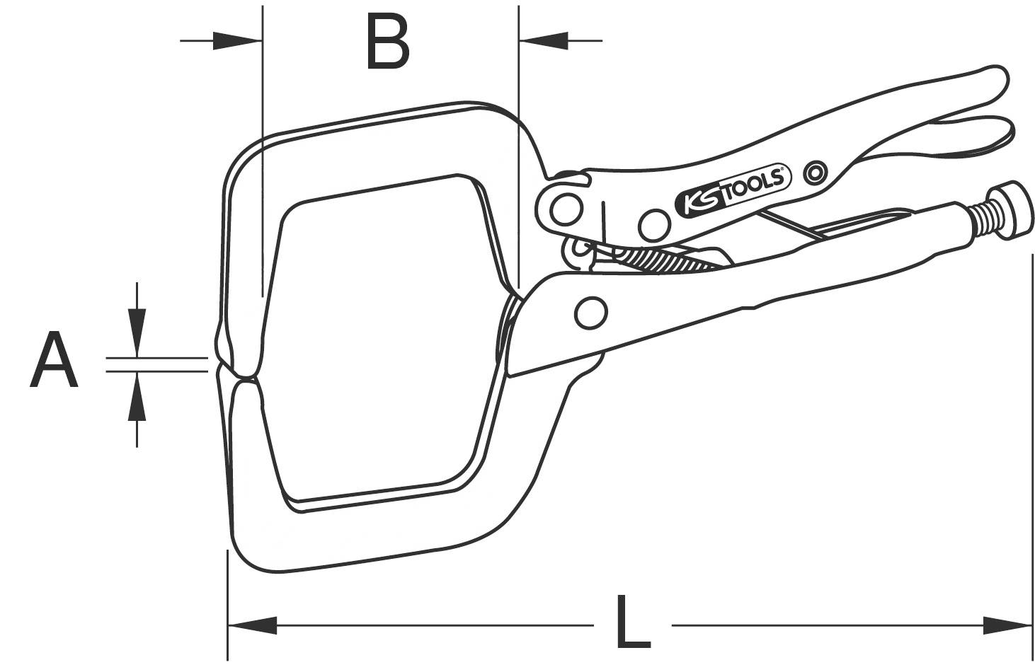 Eine Zeichnung zeigt eine Klemmschelle mit markierten Maßen A, B, und L. Die Zange trägt die Aufschrift 'KS Tools'.