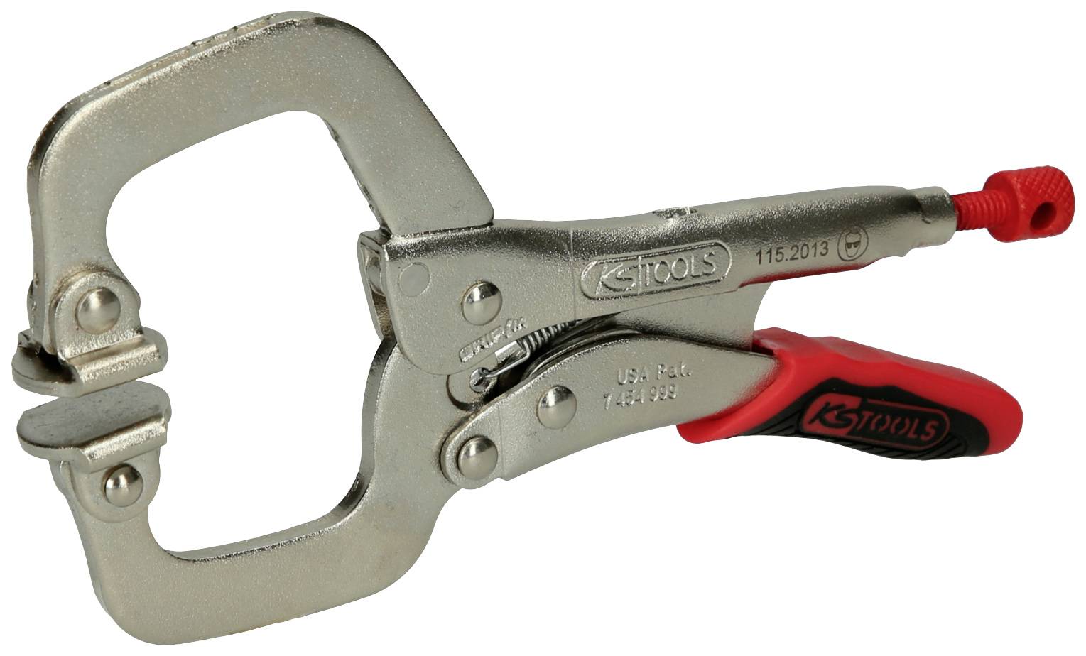 Eine silberne Klemmzange mit rotem Griff, hergestellt von KS Tools. Sie hat eine breite Klemme im offenen Zustand, geeignet zum Festhalten.