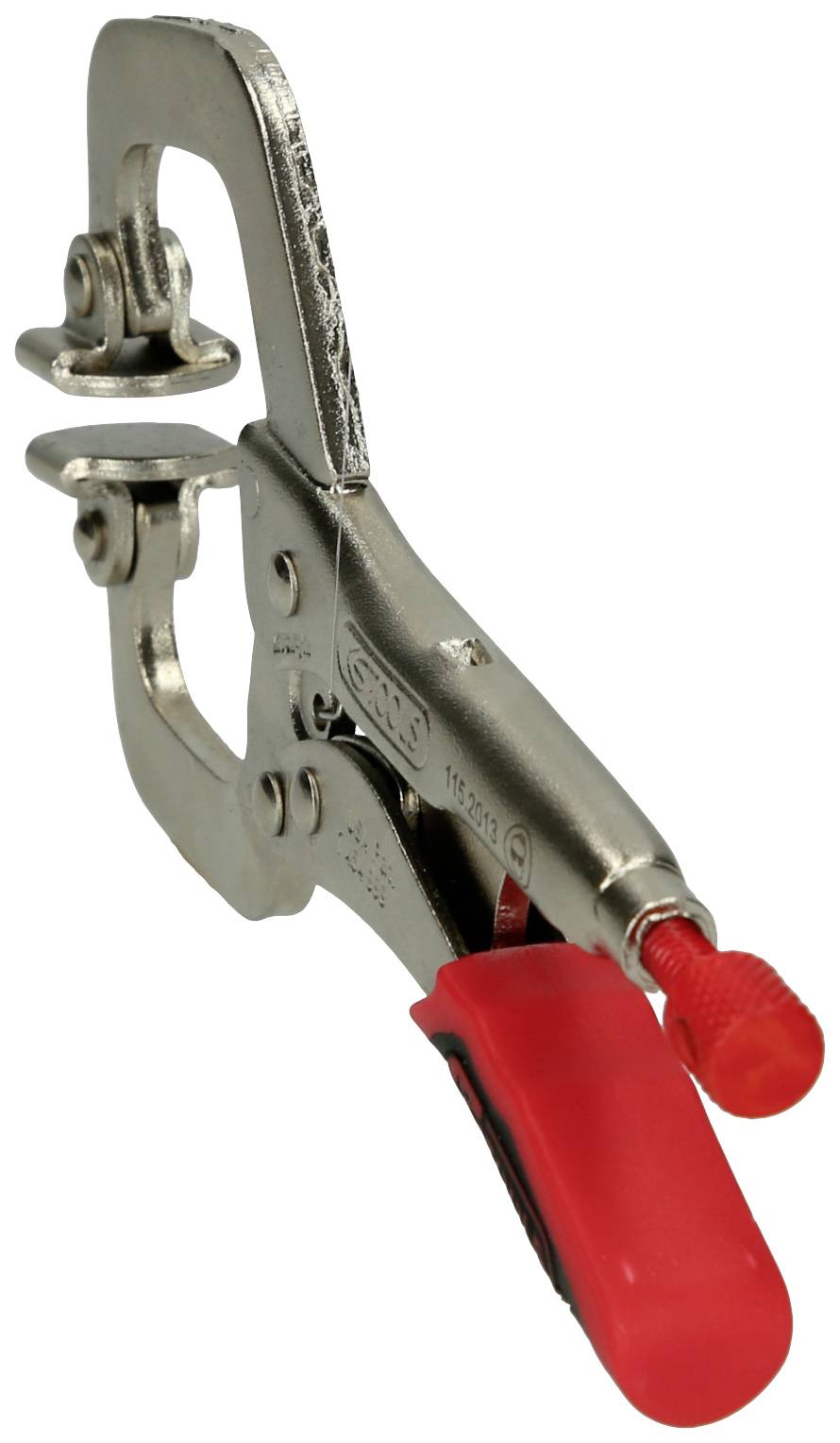 Metallzwinge mit rotem Griff, geeignet zum Festklemmen von Materialien. Sie hat einen Schnellspannmechanismus für einfache Bedienung.
