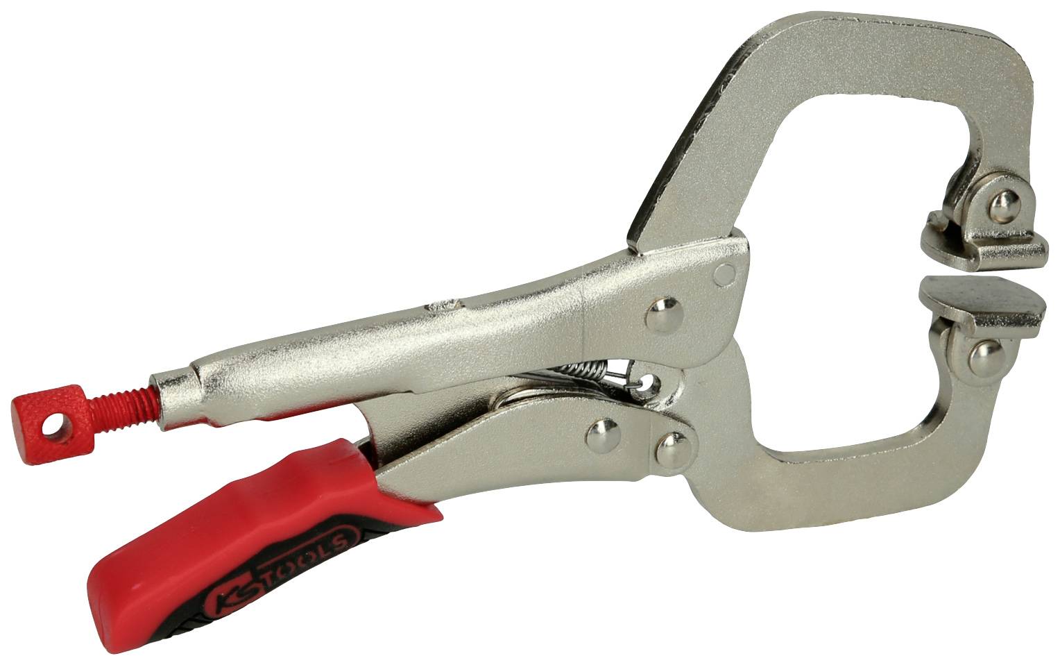 Metallzwinge mit rotem Griff und breitem Spannbereich, geeignet zum Halten oder Fixieren von Werkstücken in der Metallbearbeitung.