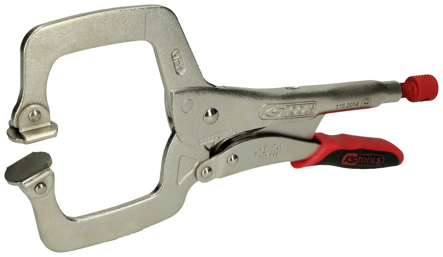 Metallzwinge mit rotem Griff, verwendet zum Klemmen von Werkstücken.