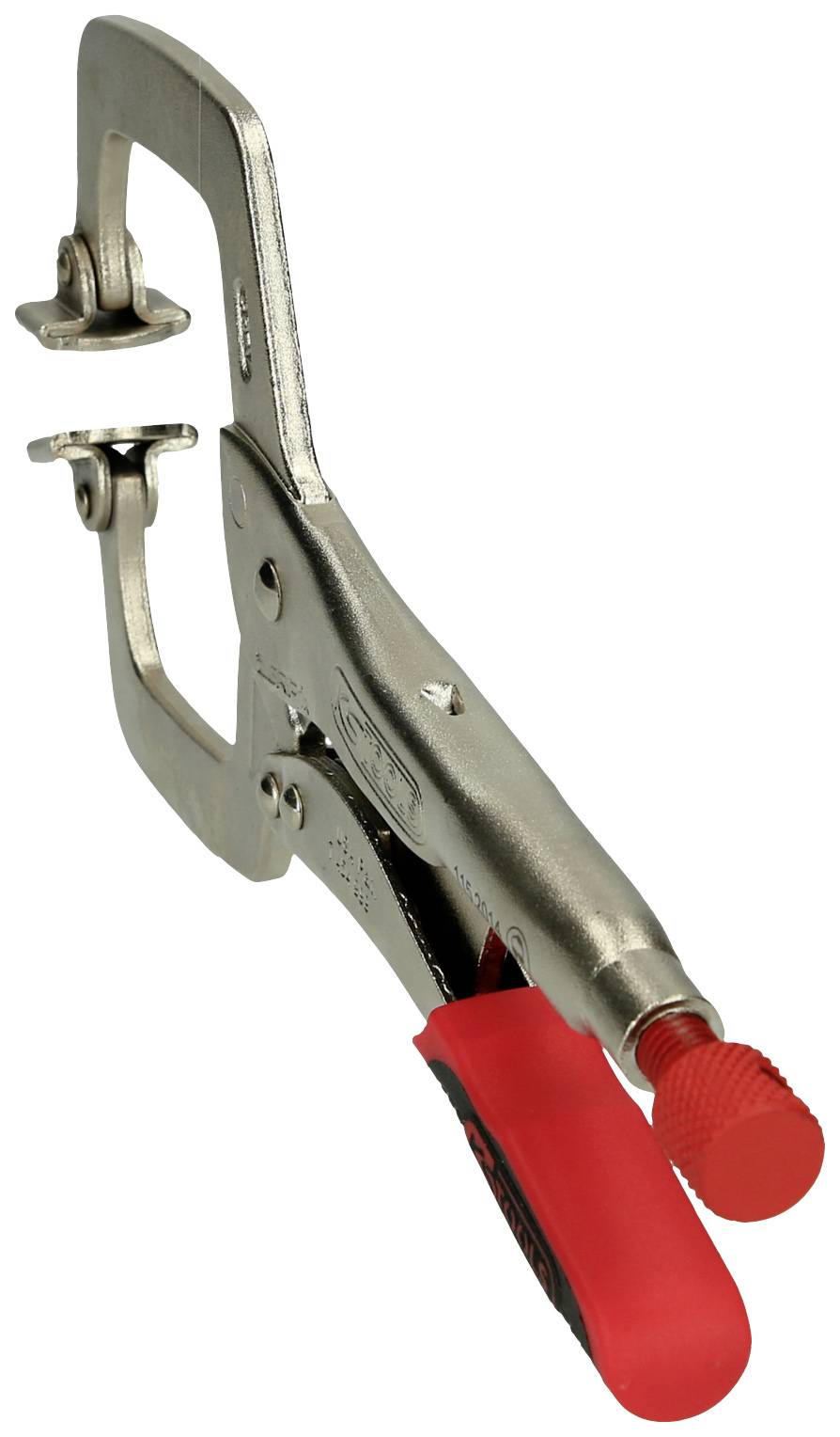 Eine Metall-Feststellzange mit roten Griffen, die zum Halten von Werkstücken in der Holzbearbeitung verwendet wird.